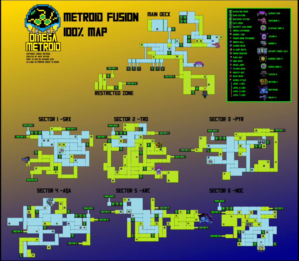 Metroid Fusion Complete 100% Map, all hidden areas and item expansion locations