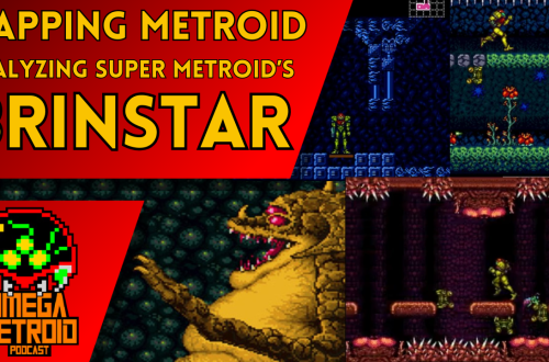 Collage banner for Mapping Metroid: Analyzing Super Metroid's Brinstar; bold title on red background with various Brinstar screenshots and the Omega Metroid Podcast logo.