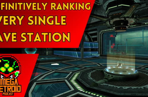 YouTube thumbnail for Omega Metroid: 'Definitively Ranking Every Single Save Station' over a red banner in a futuristic sci-fi control room, logo bottom-left.