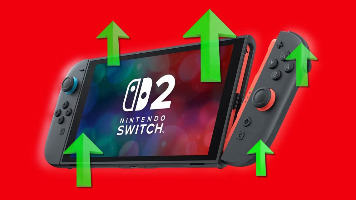 Nintendo Switch handheld console with green upward arrows around it on a red background, implying an upgrade or boost.