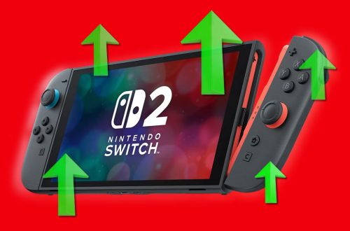 Nintendo Switch handheld console with green upward arrows around it on a red background, implying an upgrade or boost.
