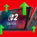 Nintendo Switch handheld console with green upward arrows around it on a red background, implying an upgrade or boost.