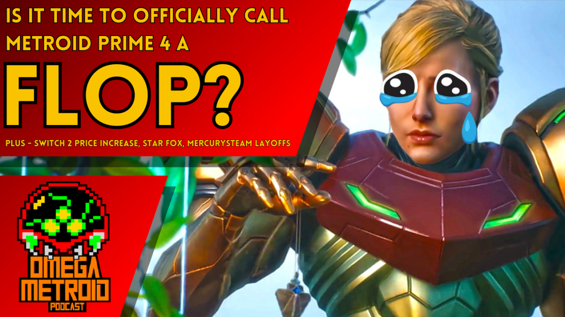 Thumbnail: cartoon crying emoji on a Metroid Prime 4 armor-clad character with bold red/yellow text asking if it’s a flop for a podcast.
