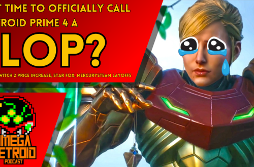 Thumbnail: cartoon crying emoji on a Metroid Prime 4 armor-clad character with bold red/yellow text asking if it’s a flop for a podcast.