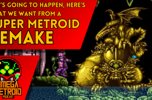 Podcast thumbnail: yellow-on-red headline about a Super Metroid remake, with a pixel dragon boss on the right and Omega Metroid logo bottom-left.