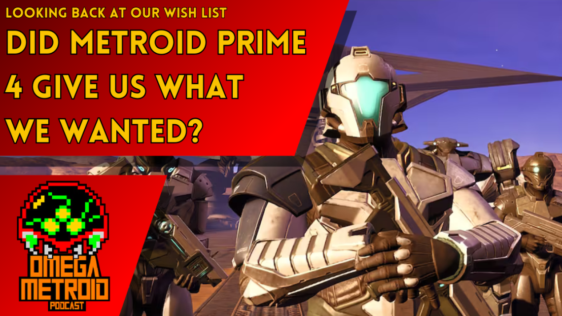Poster-style image: bold yellow text on red banner asking about Metroid Prime 4, with armored sci‑fi soldiers and a badge reading Omega Metroid Podcast in the corner.