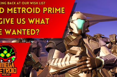 Poster-style image: bold yellow text on red banner asking about Metroid Prime 4, with armored sci‑fi soldiers and a badge reading Omega Metroid Podcast in the corner.