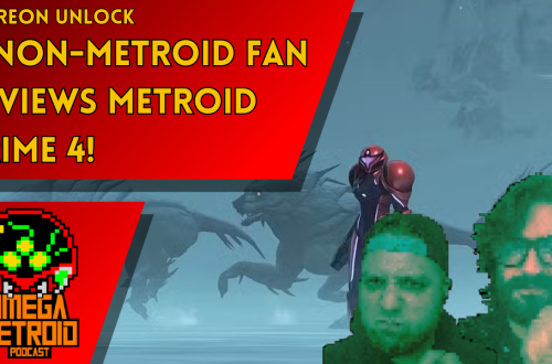 Podcast thumbnail announcing Patreon unlock and a non-Metroid fan reviews Metroid Prime 4, featuring the Omega Metroid logo.