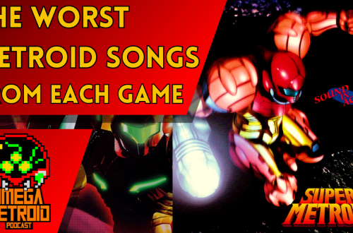 Collage poster with bold red title 'The Worst Metroid Songs From Each Game' and Metroid artwork, Omega Metroid Podcast logo visible.