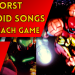 Collage poster with bold red title 'The Worst Metroid Songs From Each Game' and Metroid artwork, Omega Metroid Podcast logo visible.