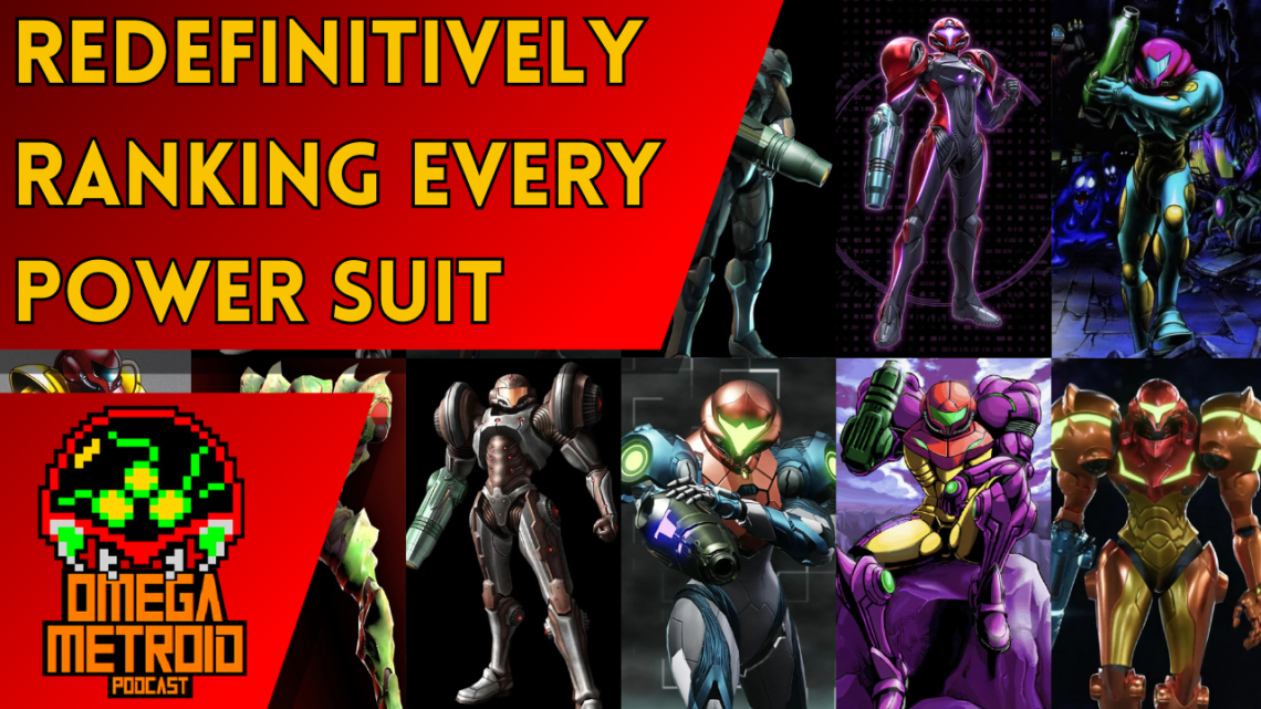 Video thumbnail: bold red banner reads 'REDEFINITIVELY RANKING EVERY POWER SUIT' over a collage of armored suit characters and the Omega Metroid Podcast logo bottom-left.