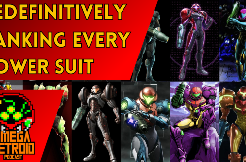 Video thumbnail: bold red banner reads 'REDEFINITIVELY RANKING EVERY POWER SUIT' over a collage of armored suit characters and the Omega Metroid Podcast logo bottom-left.