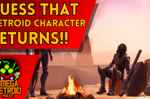 Thumbnail for a Metroid podcast: red banner text 'Guess That Metroid Character Returns!!' over a desert campfire scene with armored figures and a logo in the corner.