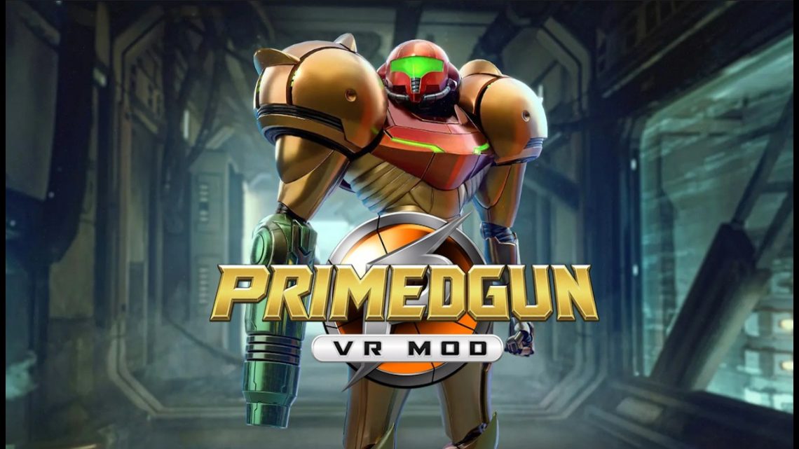 Futuristic armored robot in a sci‑fi corridor with the 'PRIMEDGUN VR MOD' logo.