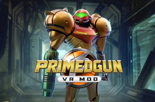 Futuristic armored robot in a sci‑fi corridor with the 'PRIMEDGUN VR MOD' logo.