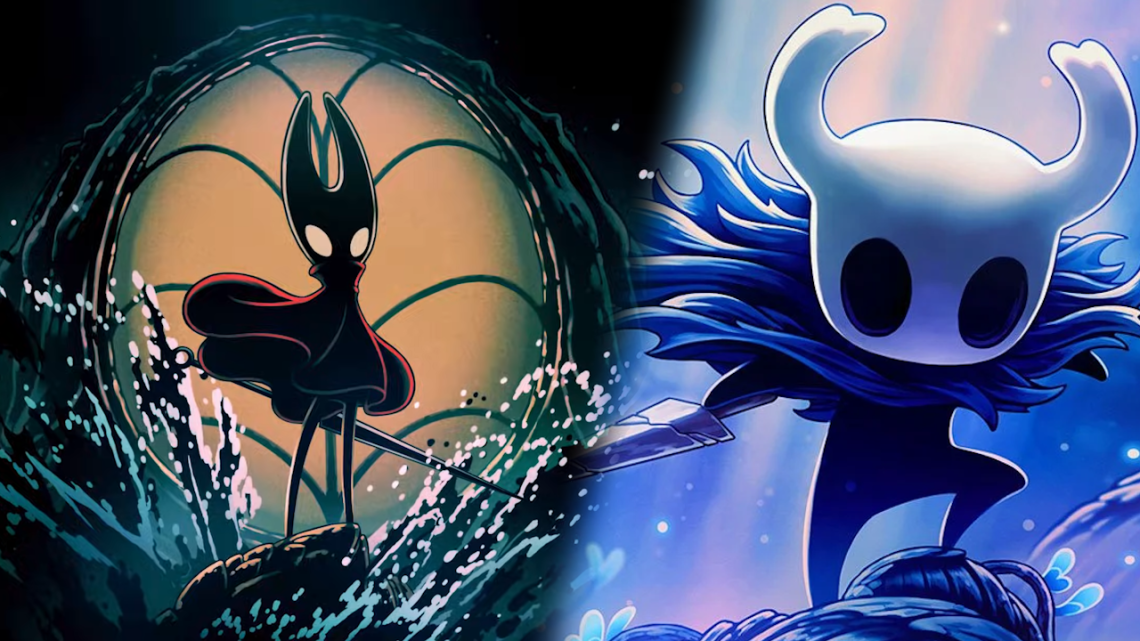 Split image of two video game characters: a cloaked silhouette near a glowing circular portal on the left and a blue horned knight on the right