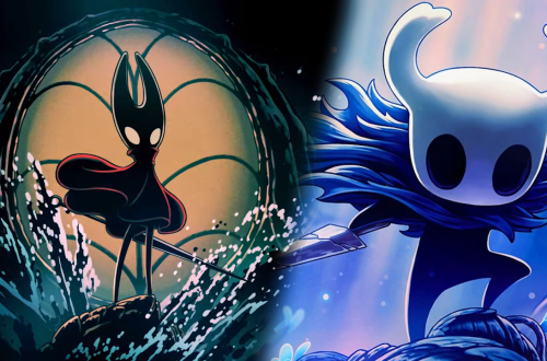 Split image of two video game characters: a cloaked silhouette near a glowing circular portal on the left and a blue horned knight on the right