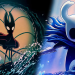 Split image of two video game characters: a cloaked silhouette near a glowing circular portal on the left and a blue horned knight on the right
