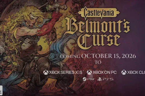 Promotional banner for Castlevania: Belmont's Curse with fantasy artwork and an October 15, 2026 release date; shows platform logos (Xbox, Steam, PS5).