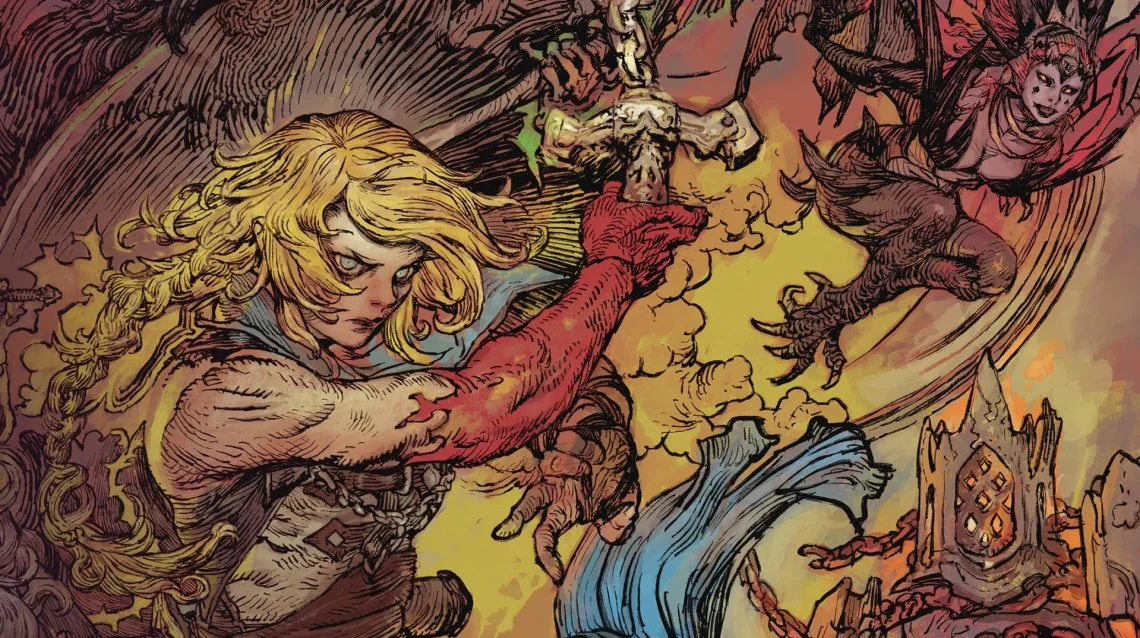 Blonde armored warrior delivers a powerful punch amid a fiery, chaotic fantasy battle scene.