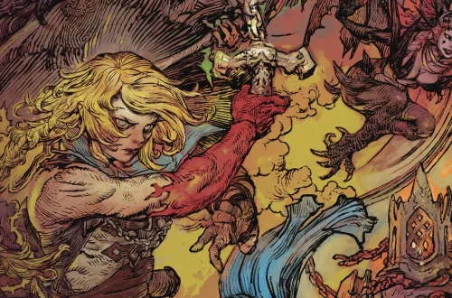 Blonde armored warrior delivers a powerful punch amid a fiery, chaotic fantasy battle scene.