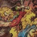 Blonde armored warrior delivers a powerful punch amid a fiery, chaotic fantasy battle scene.