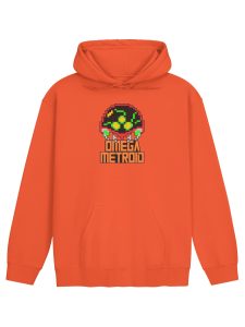 Orange hoodie with a pixel art Omega Metroid graphic and the words 'Omega Metroid' beneath it on the chest area.