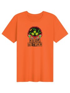 Orange T-shirt featuring a pixel-art Omega Metroid face with green highlights and the text 'OMEGA METROID' underneath.