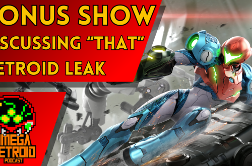 Podcast thumbnail: bold red banner with text 'BONUS SHOW DISCUSSING THAT METROID LEAK'; dynamic scene of Samus Aran in blue armor fighting in a sci-fi battlefield, Omega Metroid logo in the bottom-left corner.