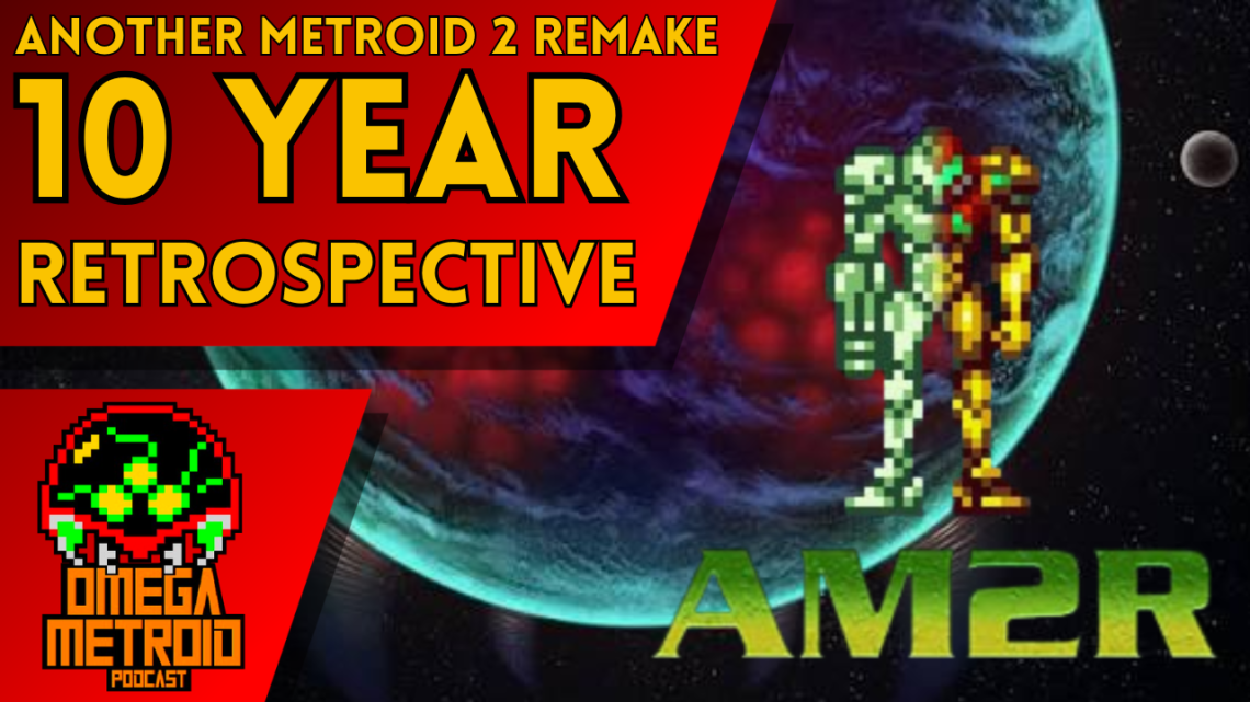 Thumbnail for a Metroid II remake retrospective podcast: bold red title reading '10 YEAR RETROSPECTIVE' with pixel astronauts over a planetscape; Omega Metroid logo in corner.