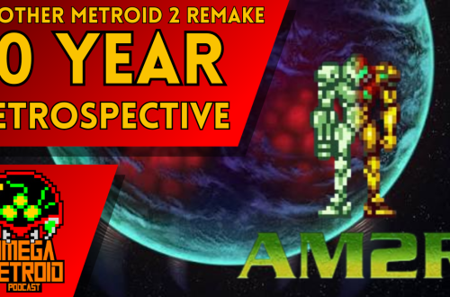Thumbnail for a Metroid II remake retrospective podcast: bold red title reading '10 YEAR RETROSPECTIVE' with pixel astronauts over a planetscape; Omega Metroid logo in corner.