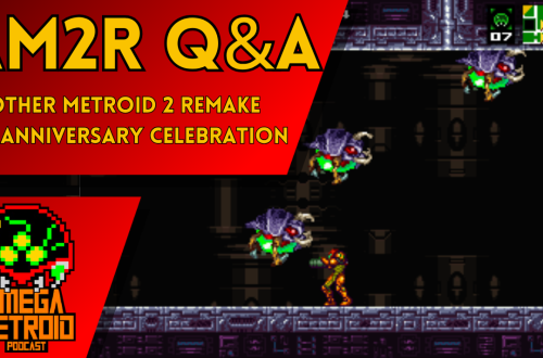AM2R Q&A thumbnail announcing Metroid II remake 10th anniversary with gameplay scene and Omega Metroid logo.