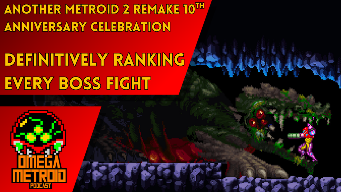 Thumbnail for Omega Metroid Podcast: red banners with bold yellow titles announcing a 10th anniversary, overlaying a pixel-art Metroid boss fight scene.