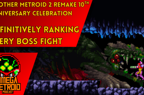 Thumbnail for Omega Metroid Podcast: red banners with bold yellow titles announcing a 10th anniversary, overlaying a pixel-art Metroid boss fight scene.