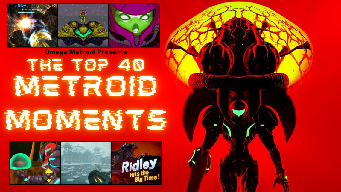 Red promotional collage for Omega Metroid Presents: The Top 40 Metroid Moments, with a large armored figure on the right and thumbnail scenes on the left.