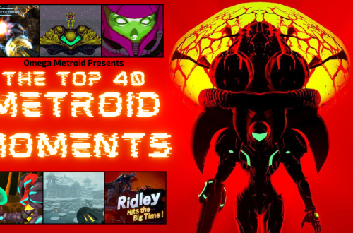Red promotional collage for Omega Metroid Presents: The Top 40 Metroid Moments, with a large armored figure on the right and thumbnail scenes on the left.