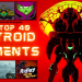 Red promotional collage for Omega Metroid Presents: The Top 40 Metroid Moments, with a large armored figure on the right and thumbnail scenes on the left.