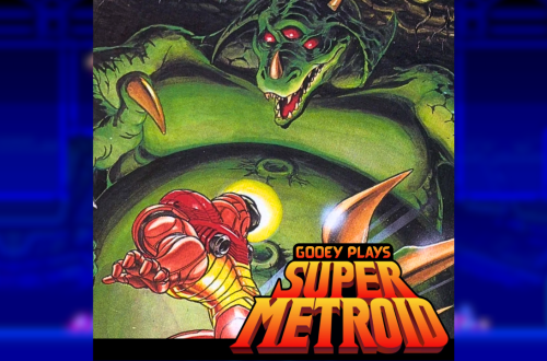 Green, dragon-like monster looming over a red-armored hero as he lunges forward in a dramatic video game cover; text reads 'Gooey Plays Super Metroid' at the bottom.