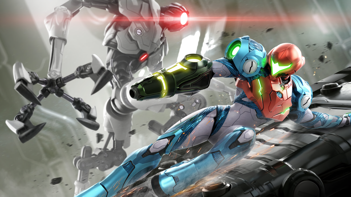 Two futuristic armored fighters clash in a high-speed sci‑fi battle with neon accents and debris flying around.