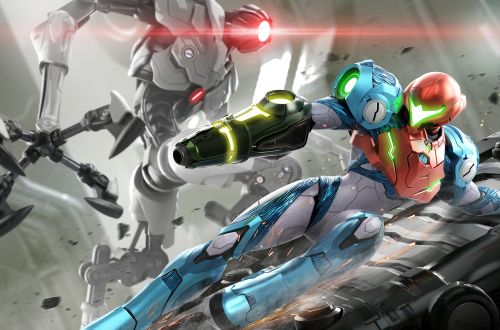Two futuristic armored fighters clash in a high-speed sci‑fi battle with neon accents and debris flying around.