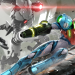 Two futuristic armored fighters clash in a high-speed sci‑fi battle with neon accents and debris flying around.