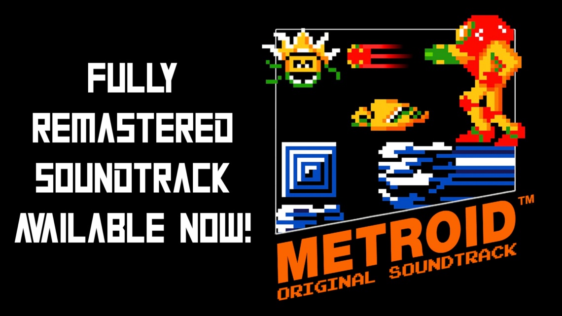 Ad banner announcing a fully remastered soundtrack now available, with retro pixel art and bold text on a black background.