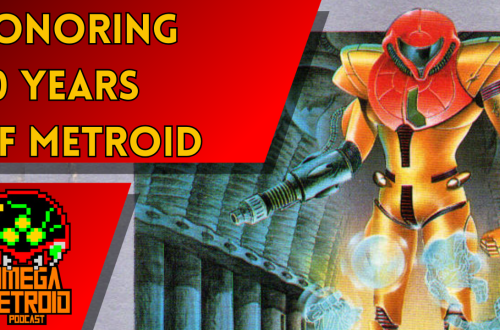 Banner for an Omega Metroid Podcast: 'Honoring 40 Years of Metroid' with a yellow armored Metroid and logo on red graphics.