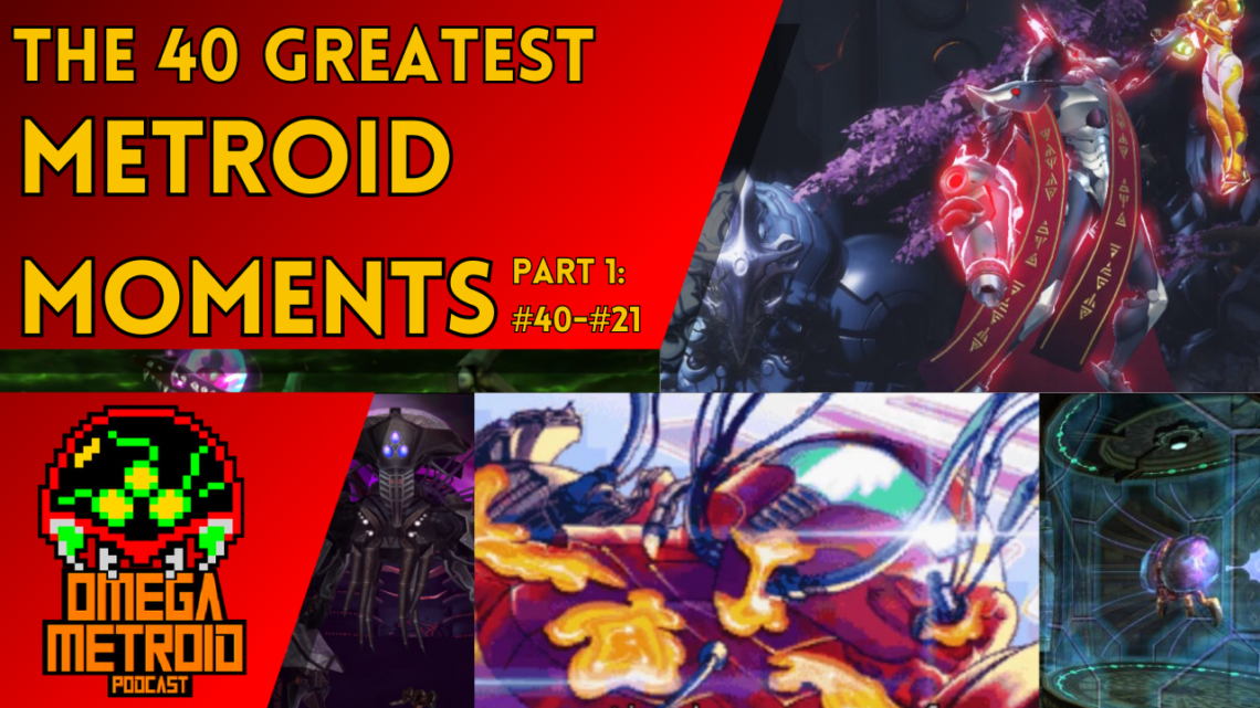 Collage banner for a Metroid moments video: bold yellow text on red background and various game art panels on right and bottom corners.
