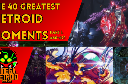 Collage banner for a Metroid moments video: bold yellow text on red background and various game art panels on right and bottom corners.
