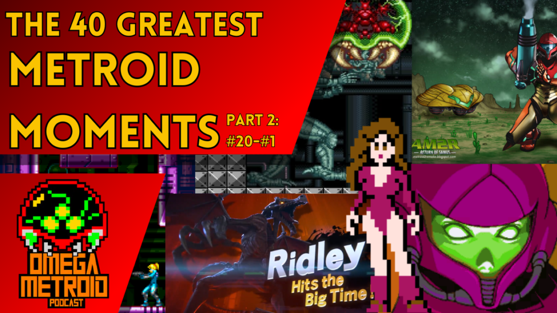 Collage thumbnail for The 40 Greatest Metroid Moments Part 2, featuring game art, Ridley, Samus, and the Omega Metroid logo.