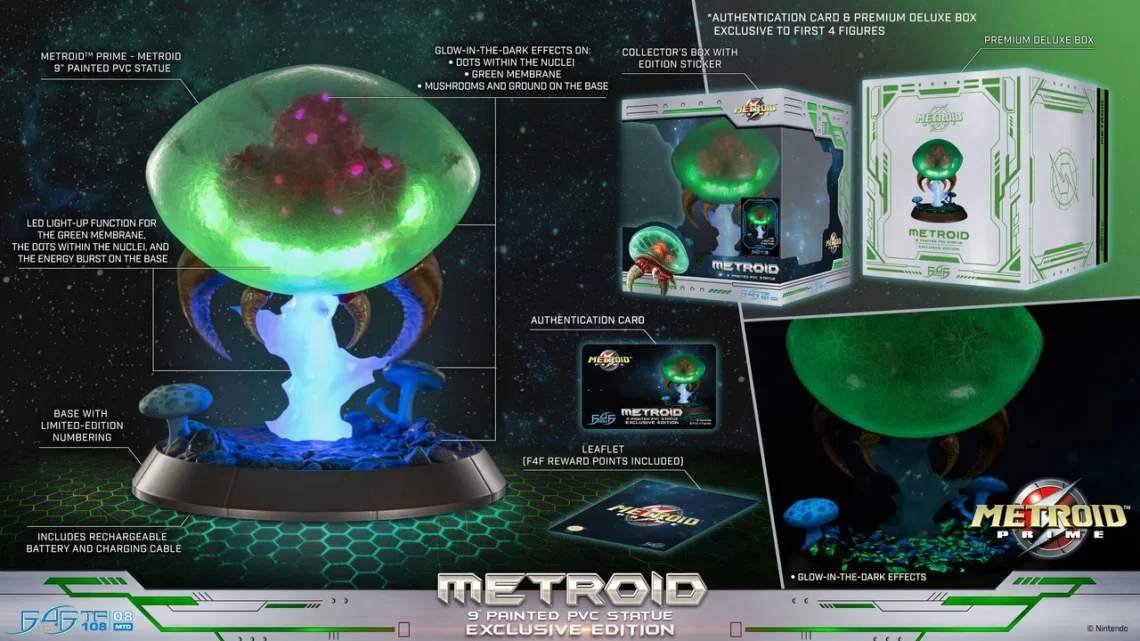 9-inch Metroid PVC statue with LED glow, glowing green base and hex-pattern pedestal, numbered edition base likely.