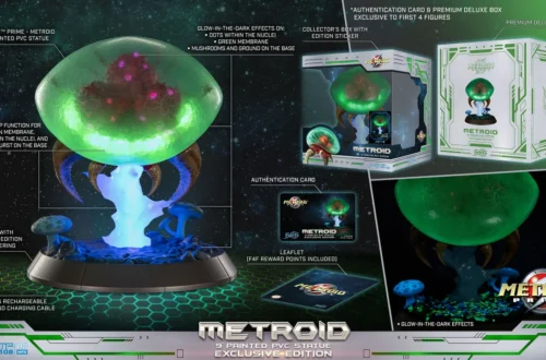 9-inch Metroid PVC statue with LED glow, glowing green base and hex-pattern pedestal, numbered edition base likely.