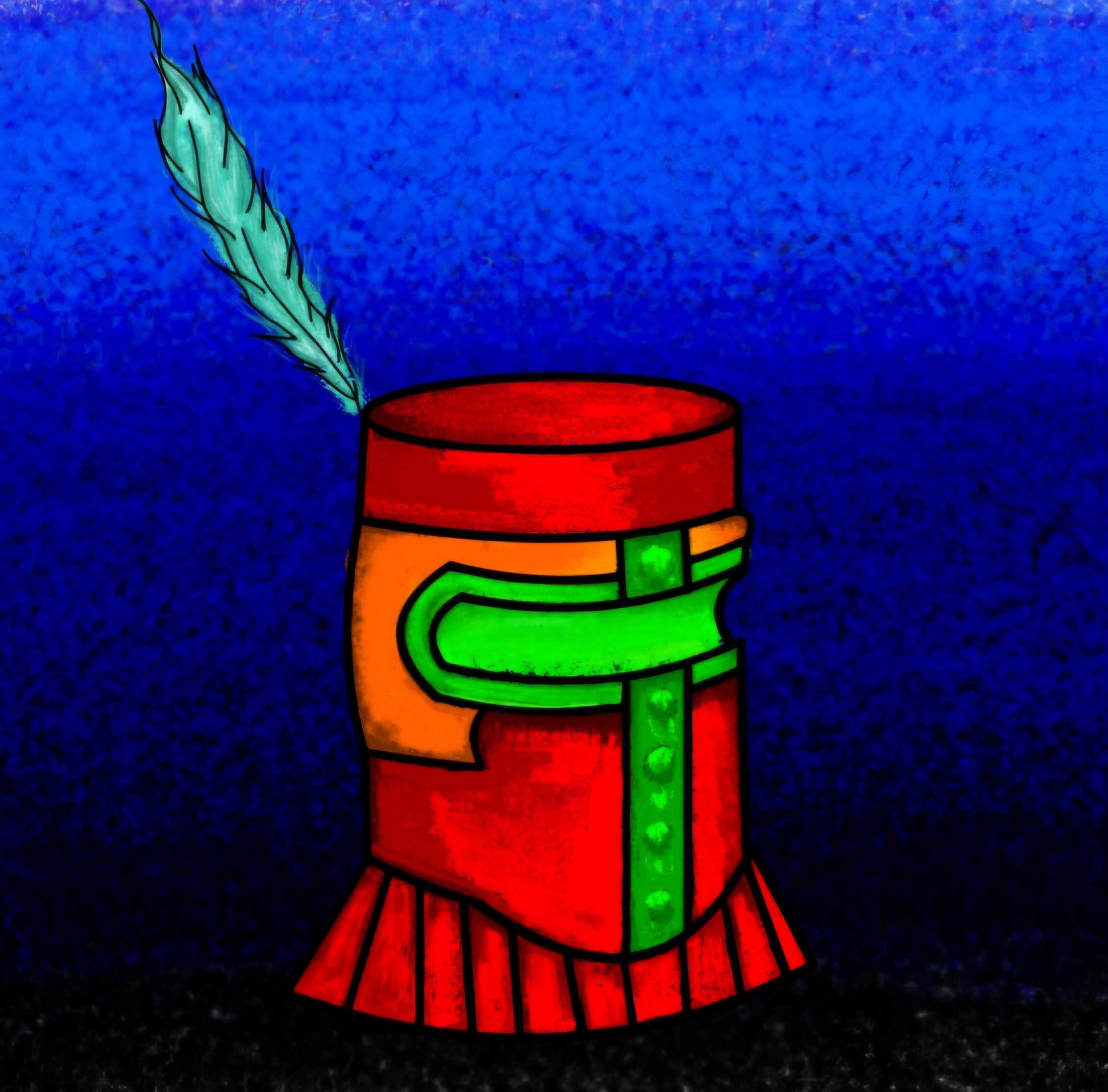 Partial view of a red magician's top hat with a green band and teal feather on a blue textured background.