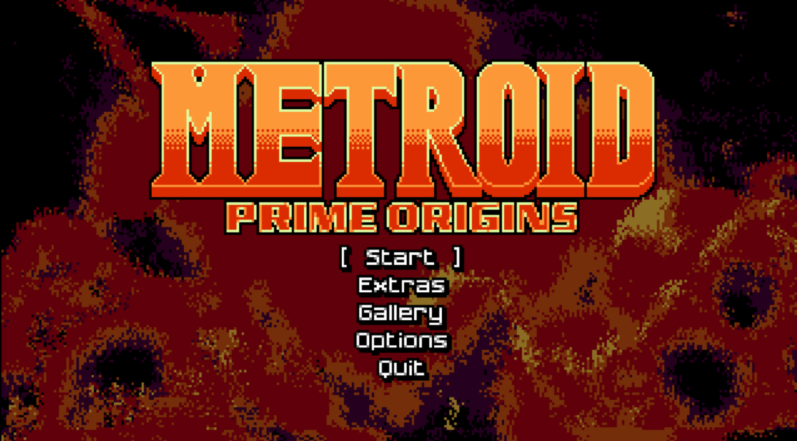 Retro pixel-art title screen: 'Metroid Prime Origins' with Start, Extras, Gallery, Options, Quit menu items centered below the logo.